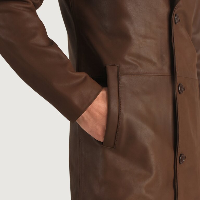 Mens Mateo Brown Leather Single Breasted Coat Close-Up-9-1704114174827